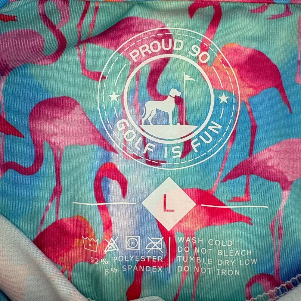 Proud 90 Golf Is Fun Mens‎ Large Flamingo Print Performance Polo Shirt Turquoise - Picture 2 of 2